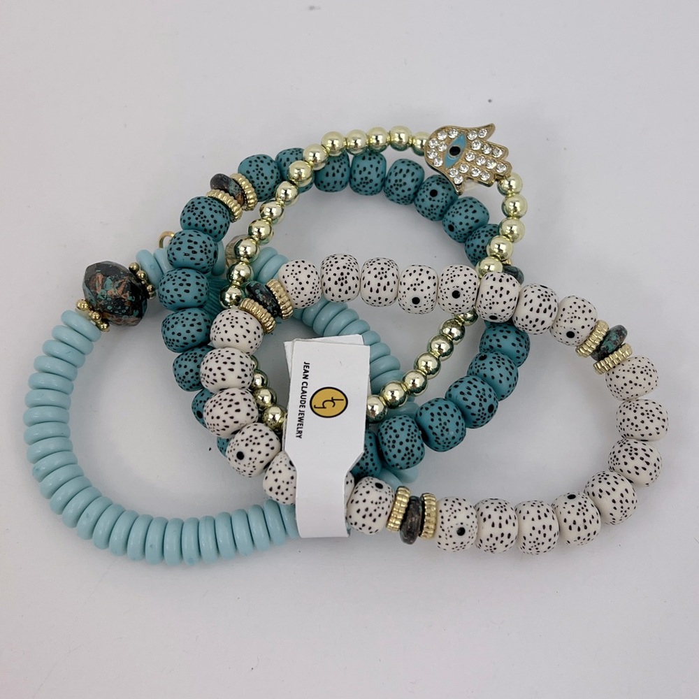 JEAN CLAUDE JEWELRY, FOUR BRACELETS, COLD, WHITE,TURQUOISE,BLUE/GREEN,ADJUSTABLE - Picture 3 of 10